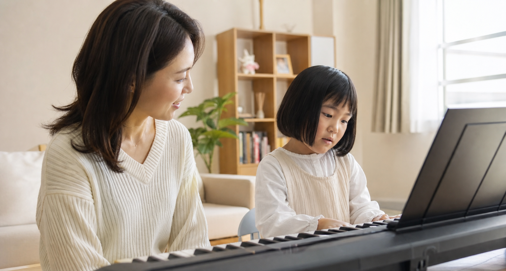 家庭で母親が子どものピアノ練習を見守っているイメージ