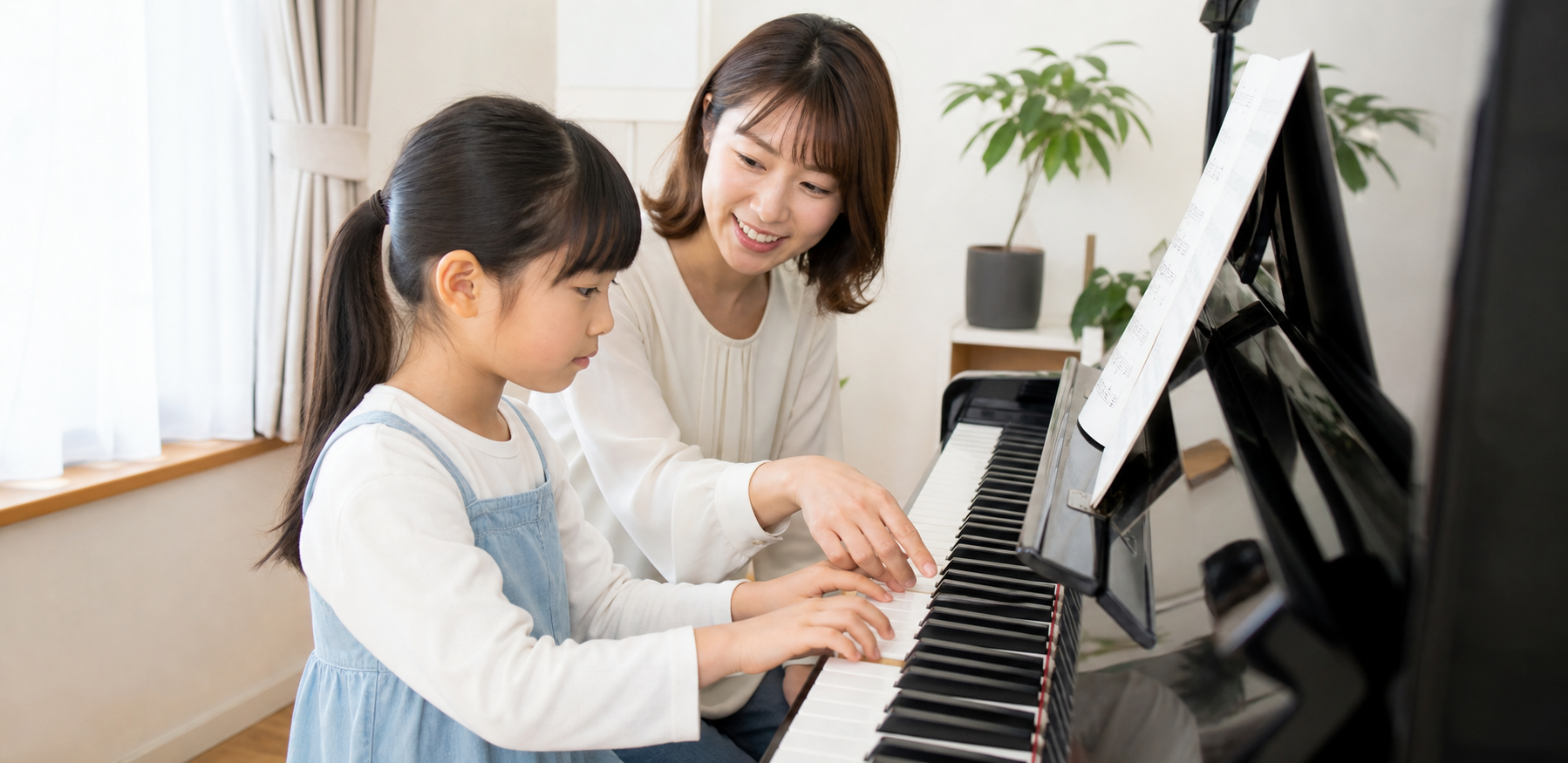 講師が子どもに寄り添うピアノレッスンのイメージ